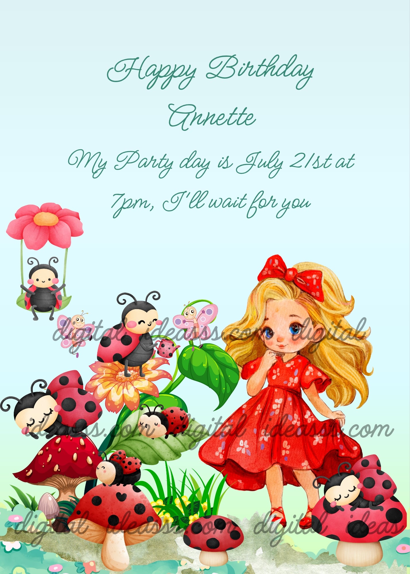 Little girl dressed in red in a garden where ladybugs sleep on polka-dotted mushrooms, and the swing is made of a flower. Printable birthday card for girls 
6-14.