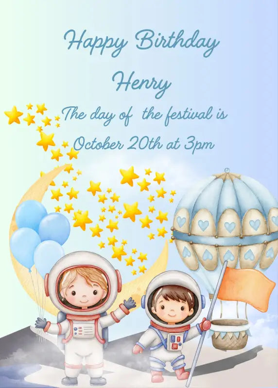 Two children dressed as astronauts arrived on a planet with a hot air balloon. In the background the moon and Milky way. Printable birthday card for kids 5-12.