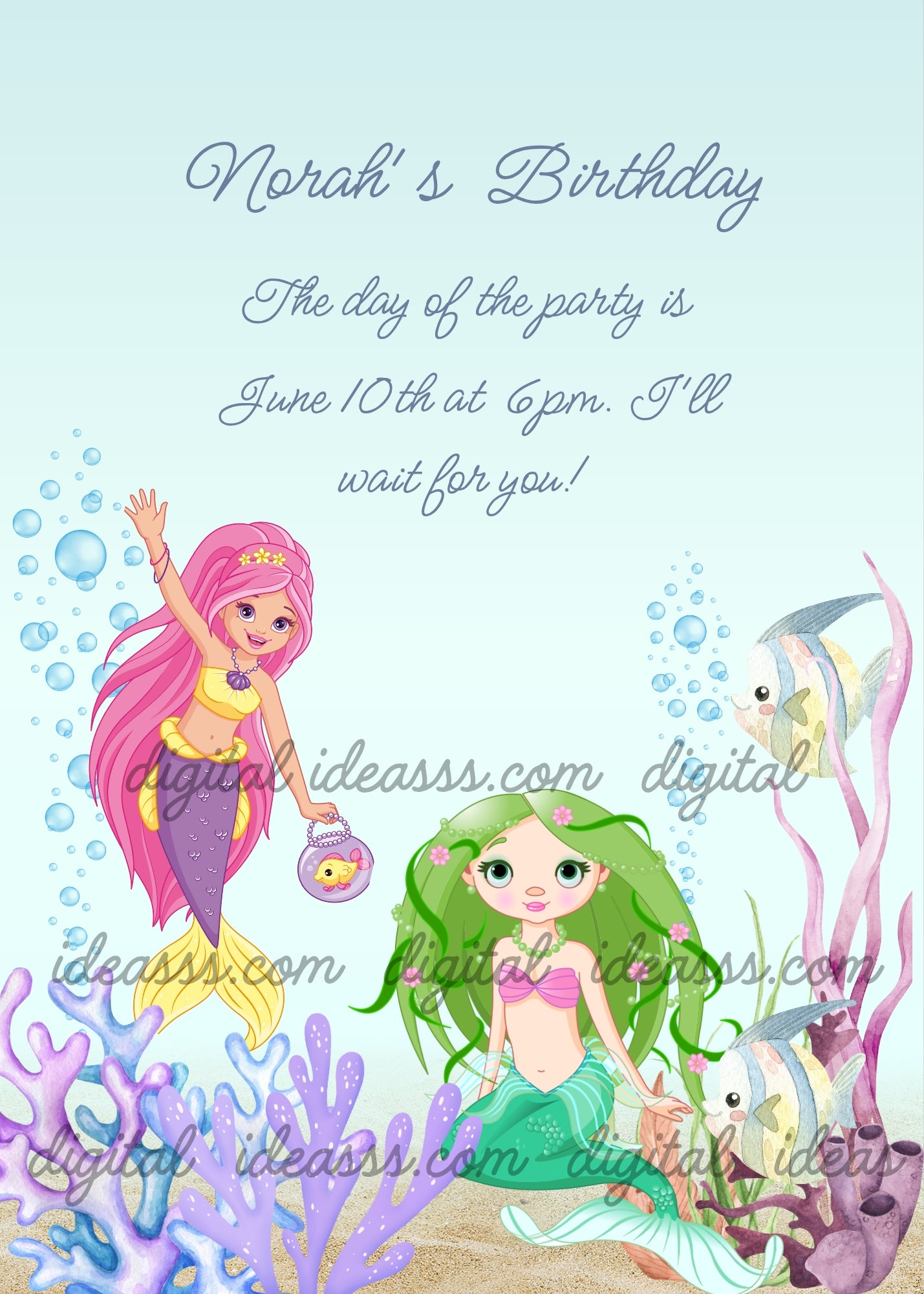 Two little mermaids with colorful hair on the seabed among the corals. Printable birthday card for girls 9-14.  