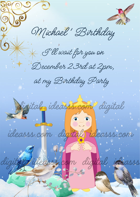 The snow is falling, a sword in a stone a young king, many little bird are approaching him. Printable birthday card for boys 8-12.