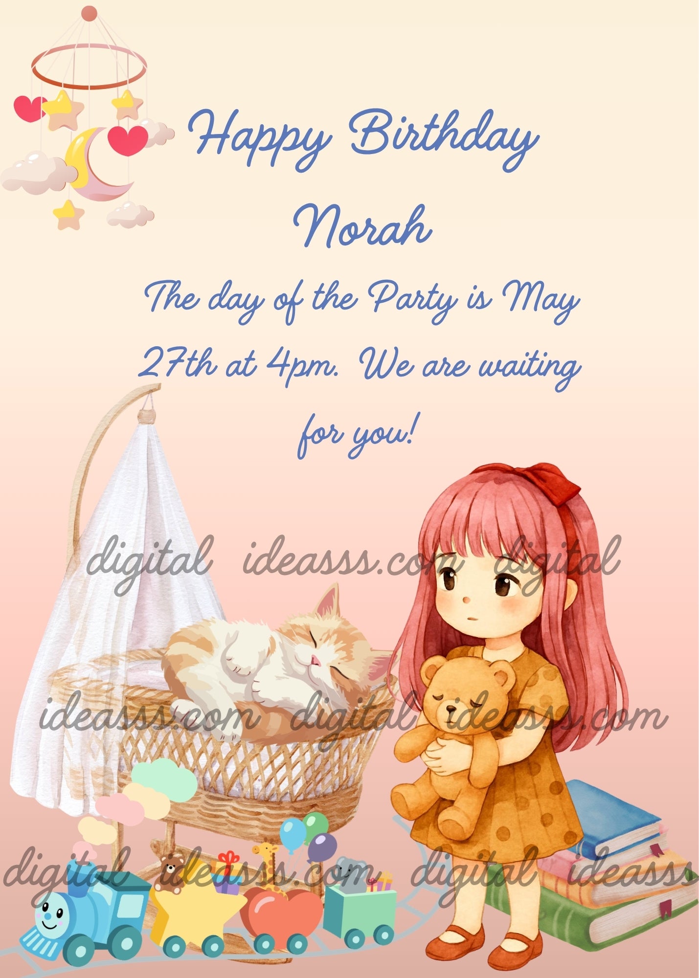 A little girl plays at putting her teddy bear to bed. But the place is taken by her sleeping kitten. Printable birthday card for girls 1-9.