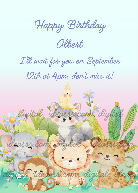At the sunset Jungle animals gather to play the tower game. Printable birthday card for children 1-9.