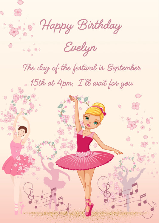 A ballerina with a flower circle in the foreground. Other ballerinas are barely visible in the background, with flowers. Printable birthday card for girls 6-12.