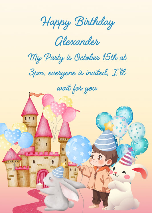 Child and bunnies, with party hats. In the background a castle decorated with lots of balloons. Printable birthday card for boys 1-9.