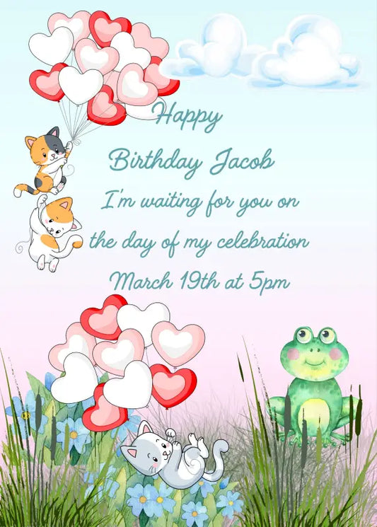 Cute kittens fly with balloons. They are near a pond, where a frog watches them smiling. Printable birthday card for kids 
1-9.