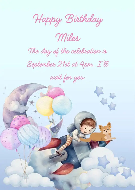 Child with space rocket and puppy, flying to the balloon moon. Printable birthday card for boys 6-13.