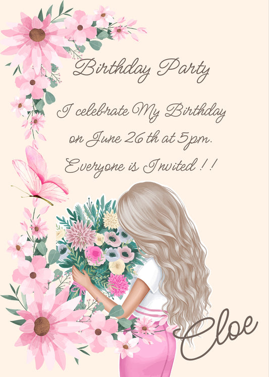 Little girl with bouquet of flowers; on one side pink daisies and butterfly. Printable birthday card for girls 9-14.