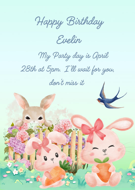 Two bunnies are having a snack in the garden with carrots. Another bunny is watching them from a fence. Printable birthday card for kids 1-8.