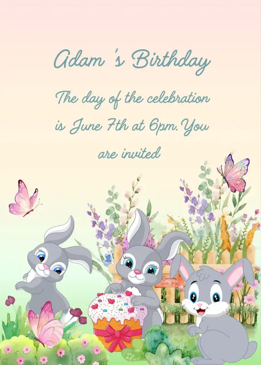 Cute bunnies in a flower garden with a delicious cake.  Printable birthday card for kids 1-9.
