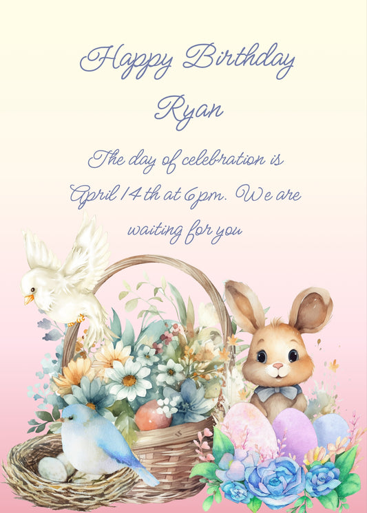 A sweet bunny with colored eggs and flowers. A basket of flowers, a dove and a little bird in its nest, that the bunny watches. Printable Easter birthday card for kids 1-12.