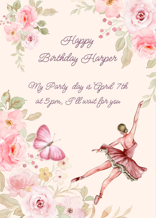 Three corners decorated with roses and butterfly. At the bottom right, a ballerina. Printable birthday card for girls 9-14.
