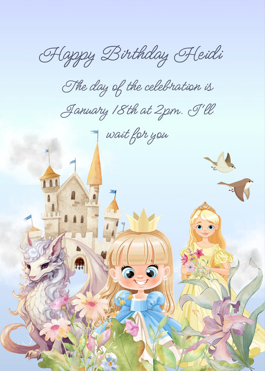 Two princesses among the flowers of a garden, a castle in the background, and a white dragon. Printable birthday card for girls 6-12.