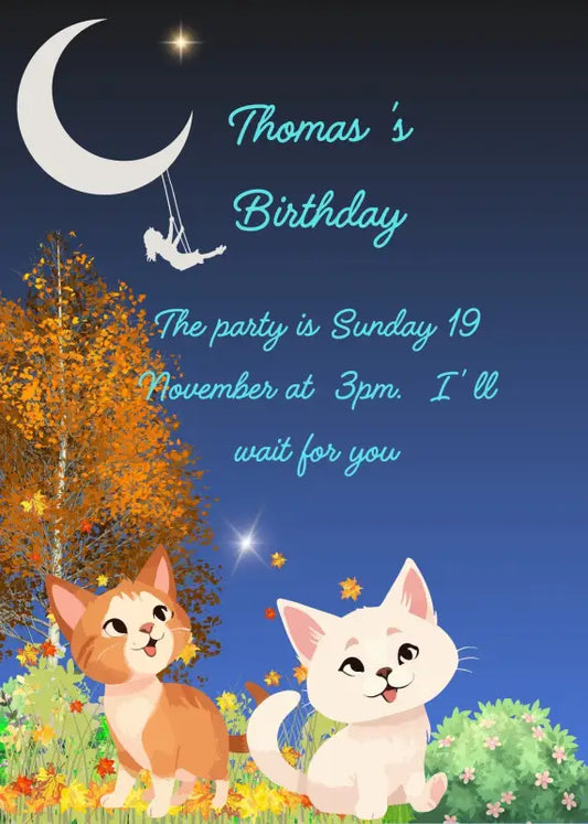 Autumn night, two kittens watch a little girl with swing on the moon. Printable birthday card for kids 5-12.