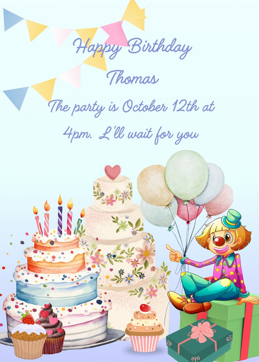 A clown with balloons is sitting on gift packeges. In the background two cakes and cupcakes. Printable birthday card for kids 1-9.