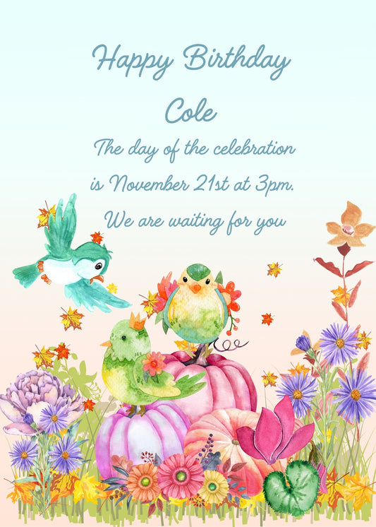 Flowery meadow with cyclamen, pink pumpkins, leaves in the wind and three colorful little birds. Printable birthday card for kids 6-12.