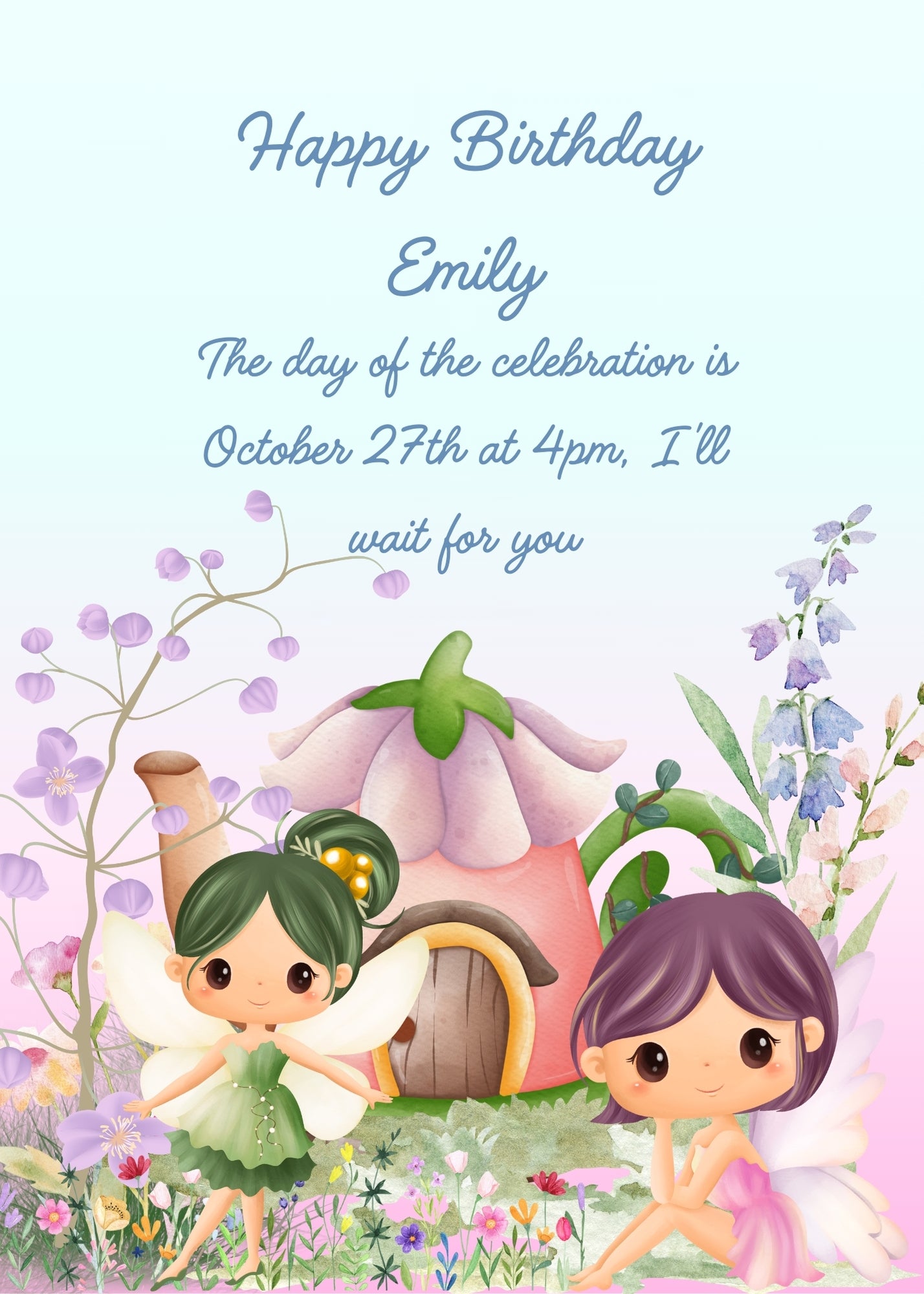 Two colorful fairies in a garden with flowers and a teapot-shaped house with a flower for a roof. Printable birthday card for girls 5-10.