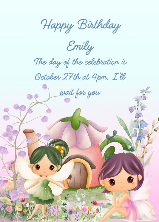 Two colorful fairies in a garden with flowers and a teapot-shaped house with a flower for a roof. Printable birthday card for girls 5-10.