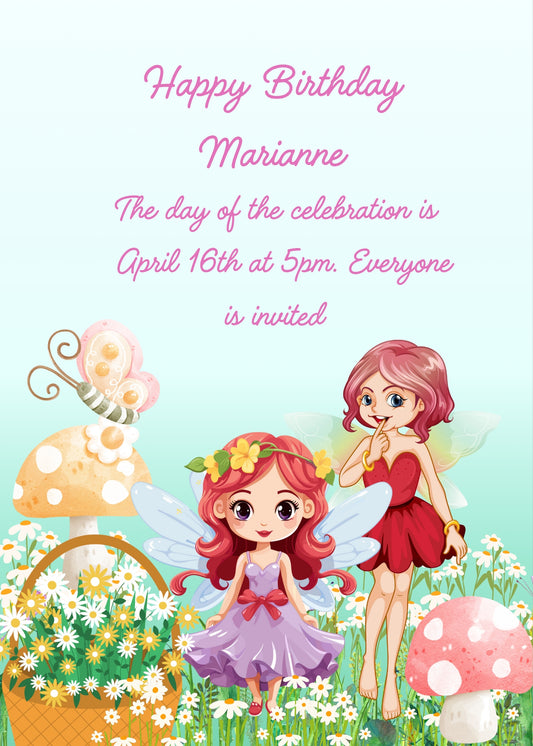 Twe fairies with red hair, have collected a basket of daisies. Printable birthday card for girls 8-14.