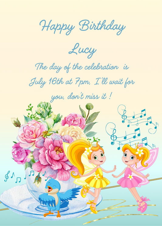 Two pretty fairies dance on a table next to a vase of peonies. A little bird sings for them. Printable birthday card for girls
 6-12.