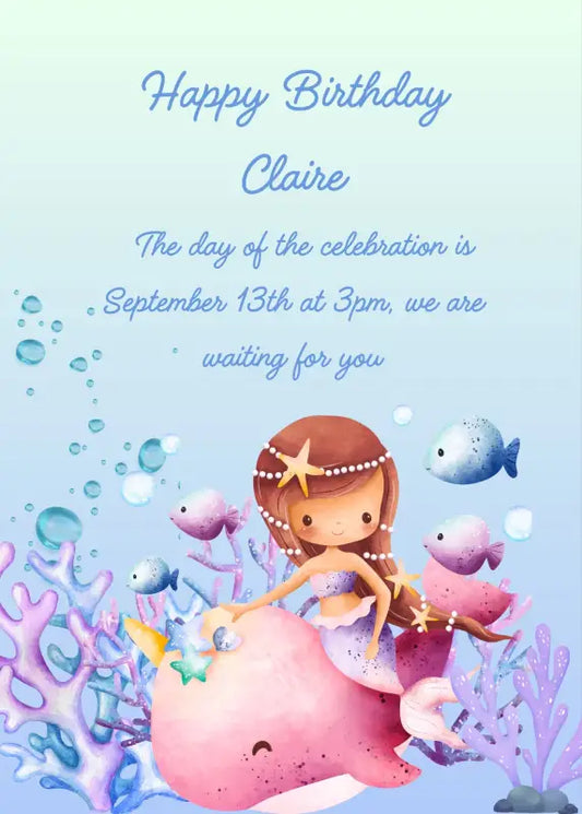 Cute little mermaid sitting on a dolphin with swimming fish. Printable birthday card for girls 1-9.