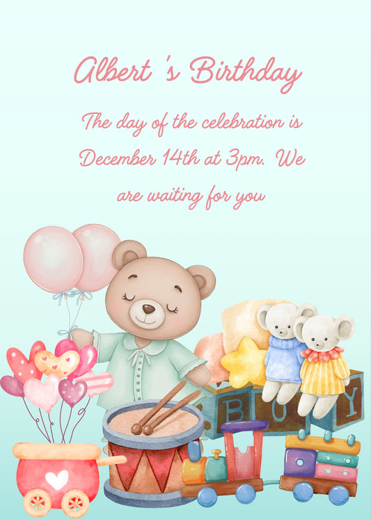 A cute teddy bear with balloons and blue pajamas with other toys. In the foreground a drummer, and locomotive. Printable birthday card for kids 1-8.