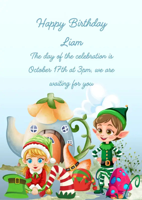 Two elves in a garden sell strange hats. Their shop is shaped like a teapot with a flower for a lid. Printable birthday card for kids 7-14.