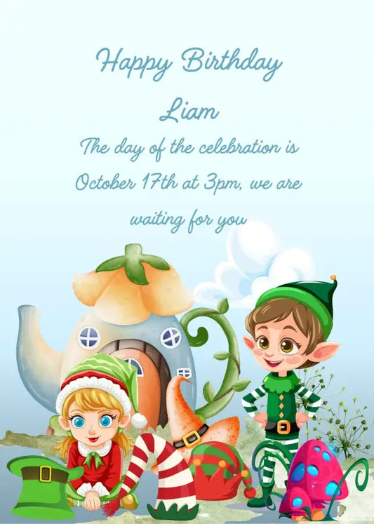 Two elves in a garden sell strange hats. Their shop is shaped like a teapot with a flower for a lid. Printable birthday card for kids 7-14.