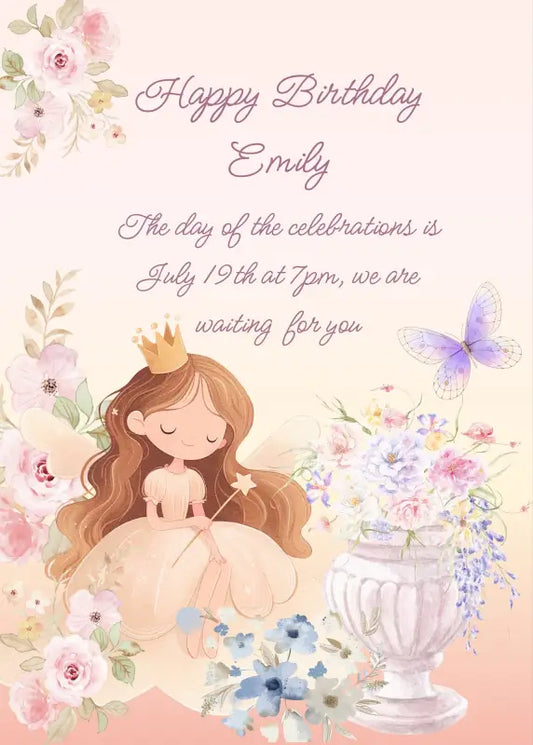 Delicate princess with magic wand, in her rose garden. Dominant color light pink. Printable birthday card for girls 9-14.