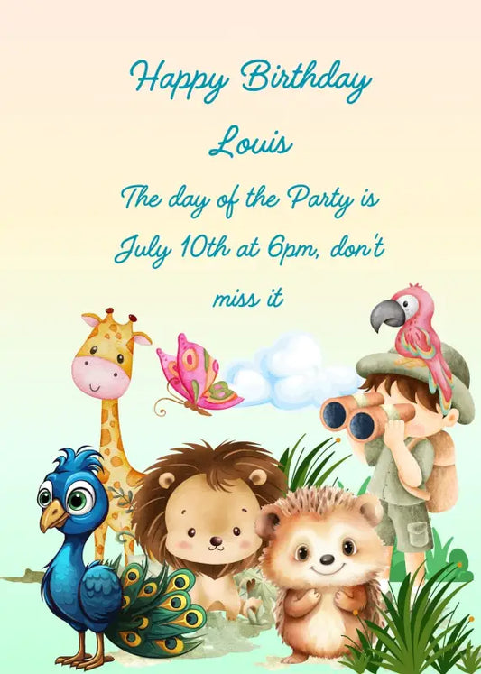 Little explorer, with binoculars and a parrot on his hat, observes the animals of the jungle. Printable birthday card for kids 
3-12.