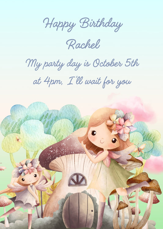 A forest, two fairies, with flowers in their hair, and their mushroom-shaped houses. Printable birthday card for girls 6-12.