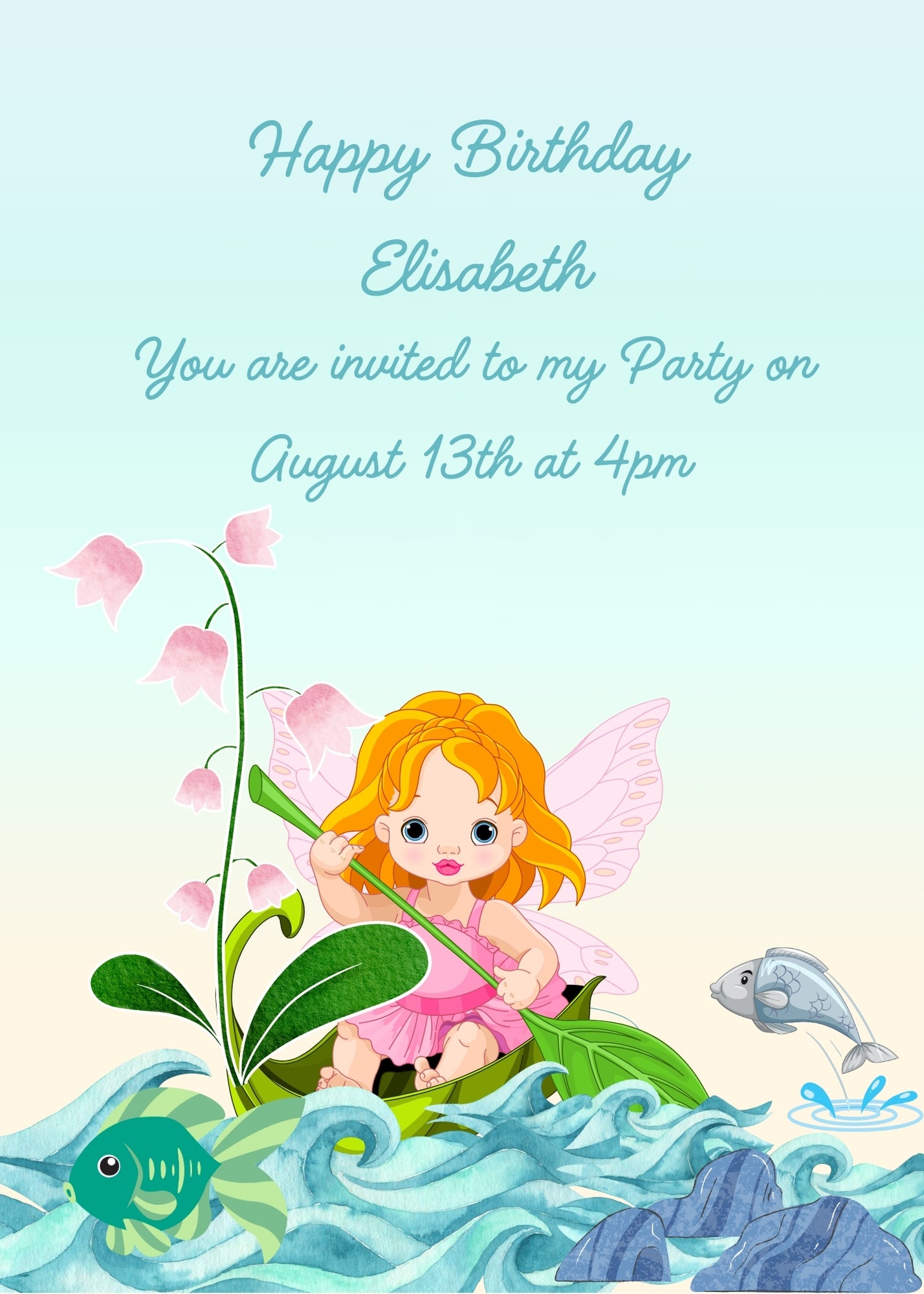 Pretty litte fairy sails on a little boat built with a leaf, and a tuft of flowers. Printable birthday card for girls 5-10.