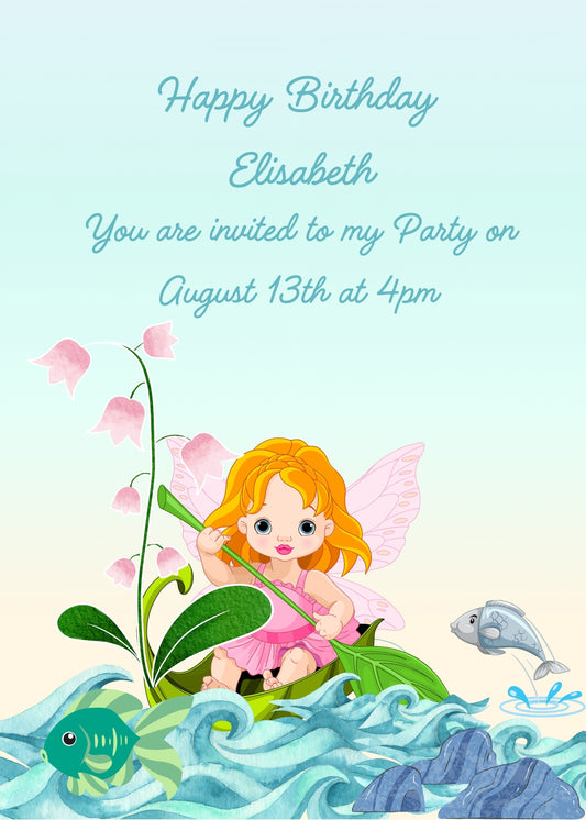 Pretty litte fairy sails on a little boat built with a leaf, and a tuft of flowers. Printable birthday card for girls 5-10.