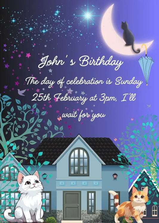  Houses in the moonlight, and kittens in the garden. One of them observes a kitten on the moon with an umbrella. Printable birthday card for kids 6-13.