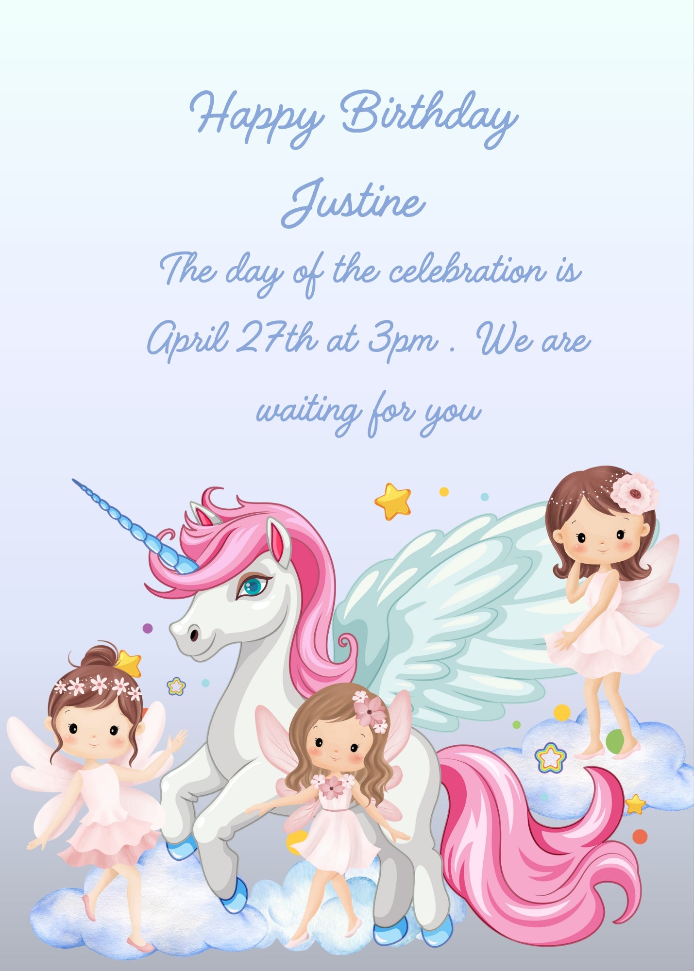 Three little fairies teach the unicorn to fly. Printable birthday card for girls 6-12.