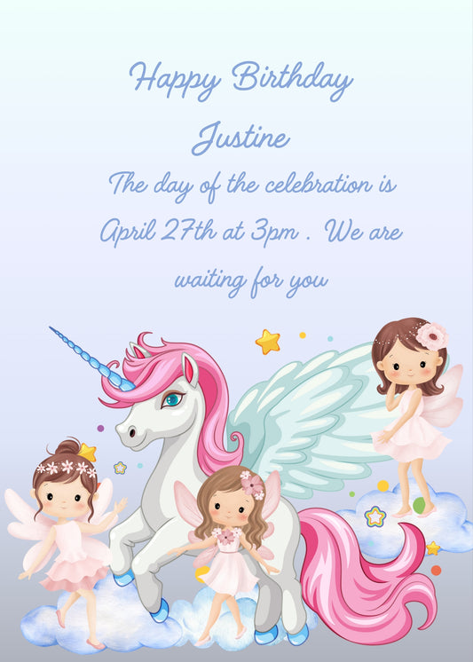 Three little fairies teach the unicorn to fly. Printable birthday card for girls 6-12.