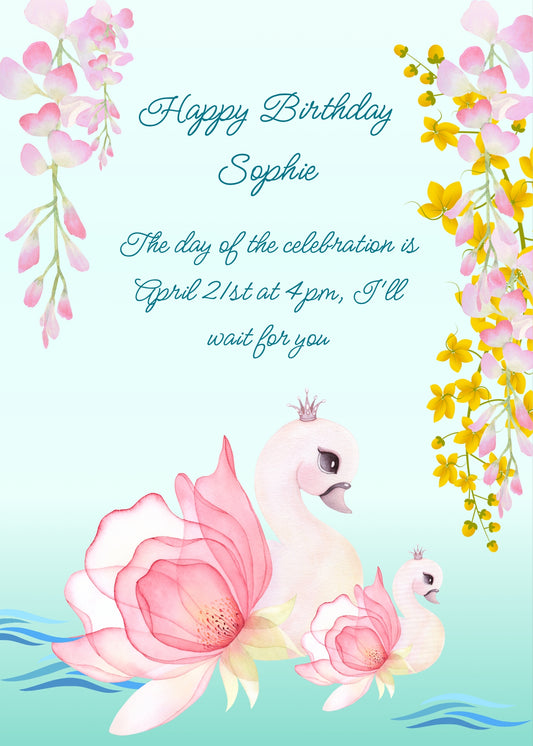 A blue shade for a pond, two swans half flowers. On the sides pink and yellow flowers of Wisteria. Printable birthday card for girls 10-14.