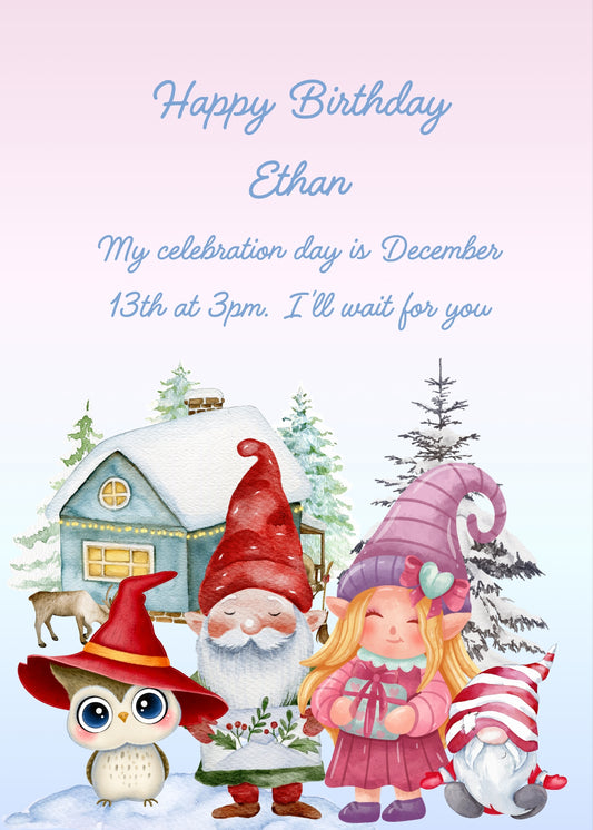 Snowy landscape with three cute elves with gifts, and a little owl with a red hat. Printable birthday Christmas card for kids 5-12.