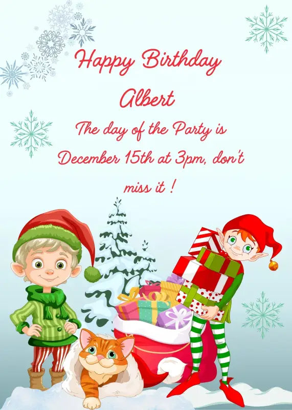 Snowy landscape two elves with gifts, and a funny kitten that as crawled into a hat. Printable birthday Christmas card for kids 9-14.