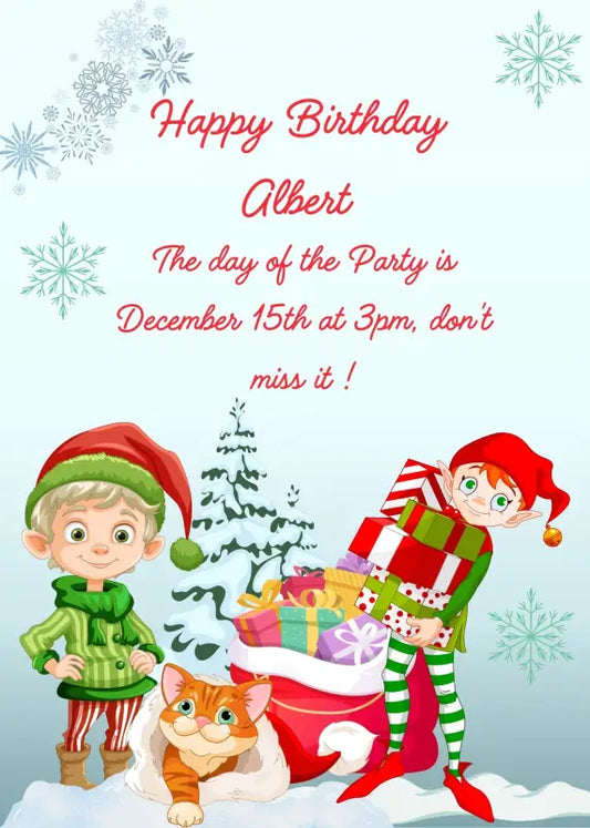 Snowy landscape two elves with gifts, and a funny kitten that as crawled into a hat. Printable birthday Christmas card for kids 9-14.