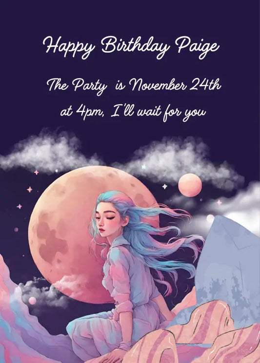 Girl with blue hair sitting on planetary rocks. In the background moon and other planets. Printable birthday card for girls 10-14.