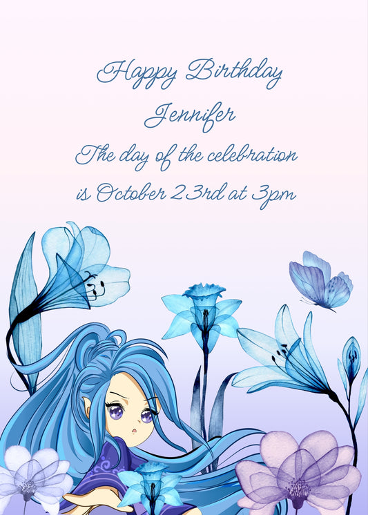 In the foreground a fairy with the blue hair, with the glass flowers that surround her. Printable birthday card for girls 8-14.
