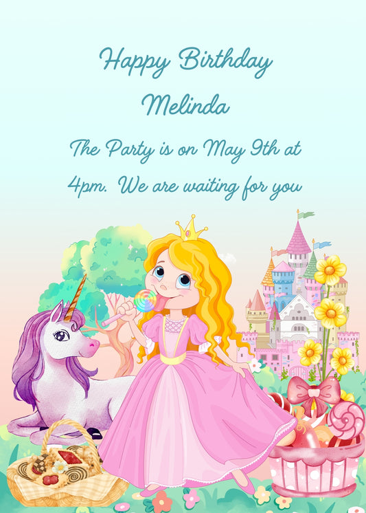Princess with baskets of sweets in her garden.  A unicorn and a colorful castle in the background . Printable birthday card for girls 6-12.
 