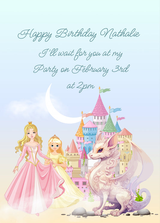 A very colorful castle, two princesses, and a white dragon in the foreground. Printable birthday card for girls 9-14.