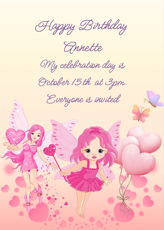 Pink fairies, transparent hearts in the background, and heart- shaped balloons. Printable birthday card for girls 9-14.