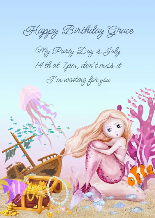 A mermaid sitting on the seabed, observes the wreck of a sailing ship, and its treasure. Printable birthday card for girls 8-14.