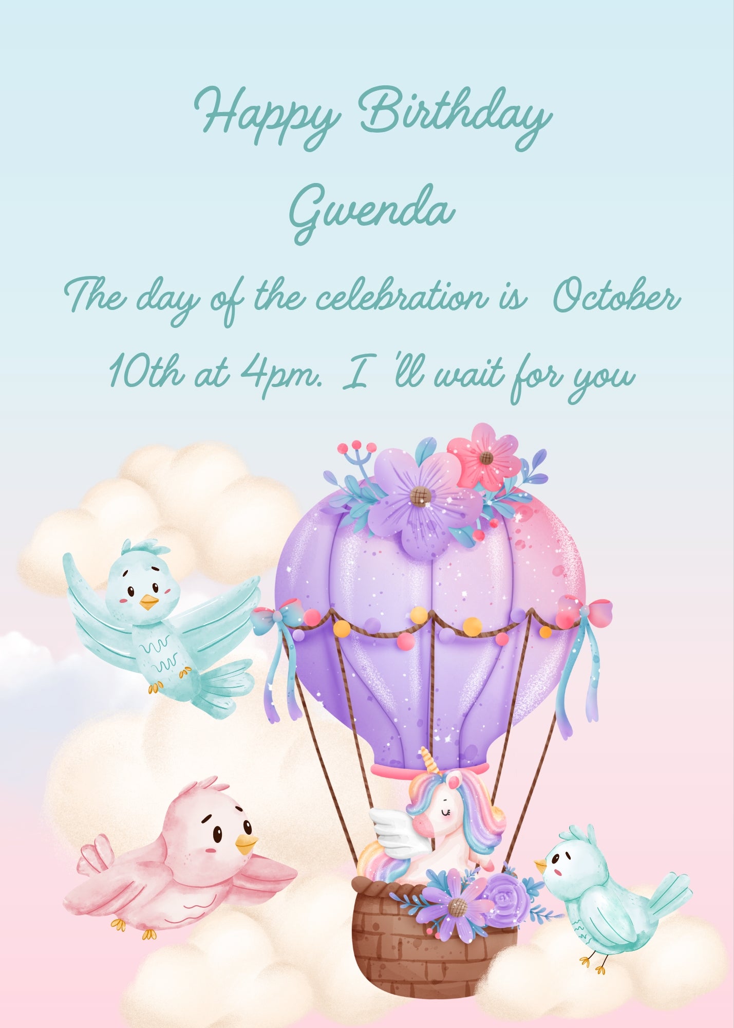 Unicorn travels in a hot air balloon, little birds watch in surprise. Printable birthday card for kids 1-8.