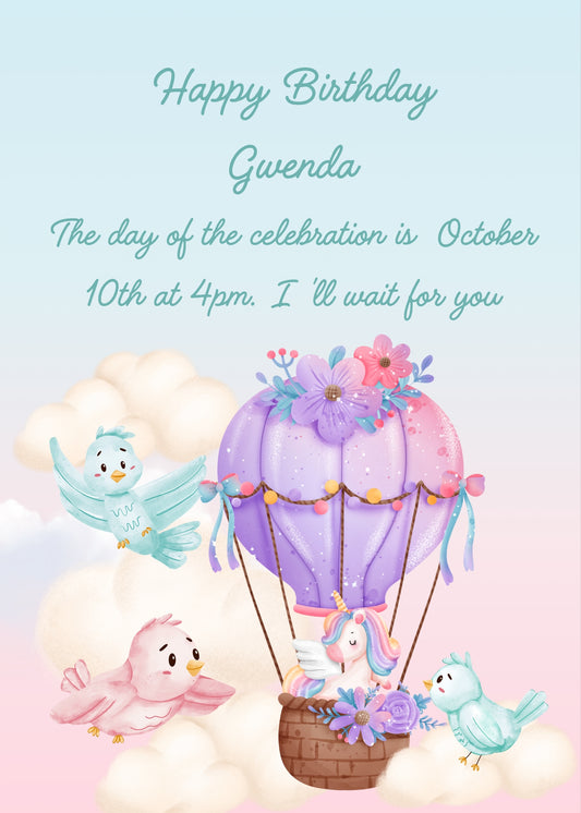 Unicorn travels in a hot air balloon, little birds watch in surprise. Printable birthday card for kids 1-8.
