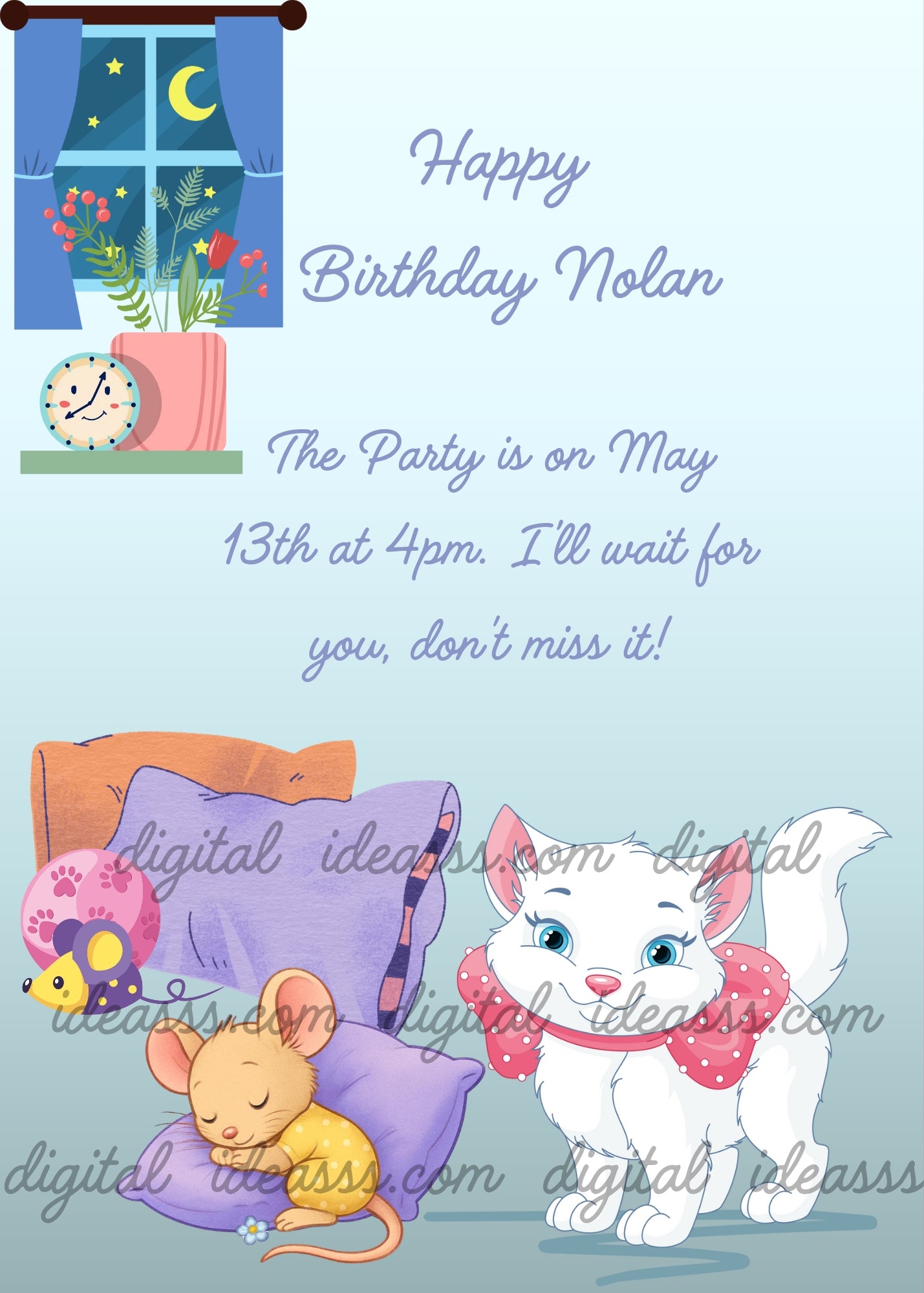 It's night; in a room a kitten is awake, and a litte mouse is sleeping on a pillow. Printable birthday card for kids 1-9.