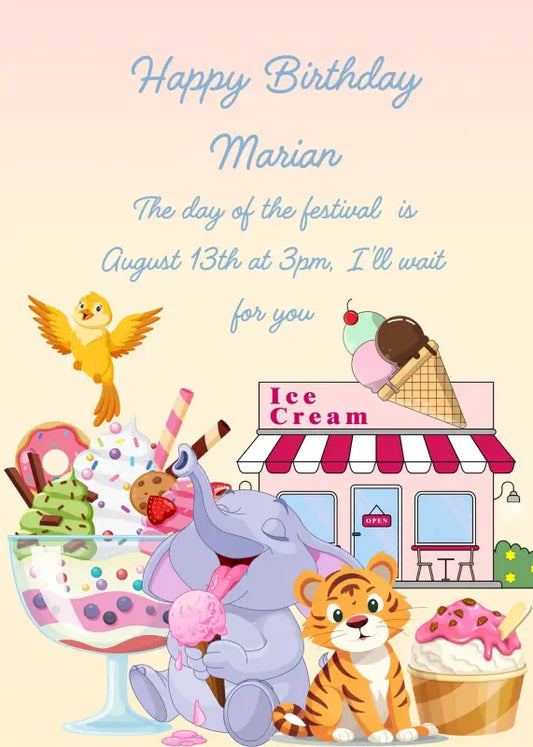 A little elephant happily enjoys is ice cream in front o an ice cream shop, a tiger looks surprised. Printable birthday card for kids 5-12.