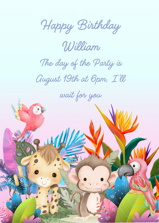 A monkey and a giraffe among plants with imaginary colors. Two parrots, are also part of the colors of the landscape. Printable birthday card for kids 1-9.